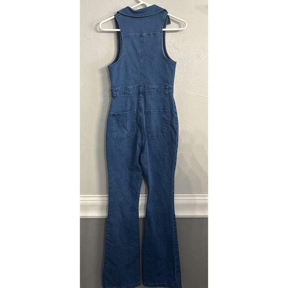 Cider Womens Denim Flare Leg Jumpsuit Size XL Sleeveless Stretch Pockets - Picture 3 of 3